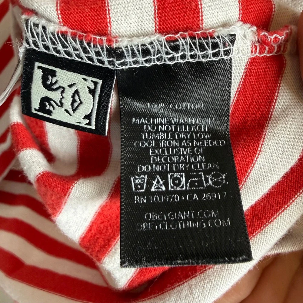 OBEY Worldwide Red White Stripe Embroidered Logo T Shirt‎ Mens Size M